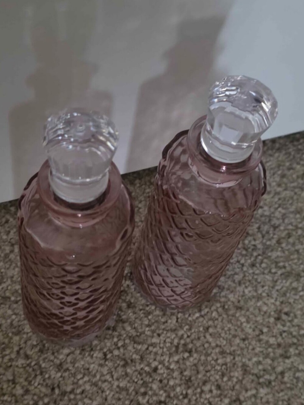 (2) Light Pink Vanity Jars w/faux Crystal Top Seals.
